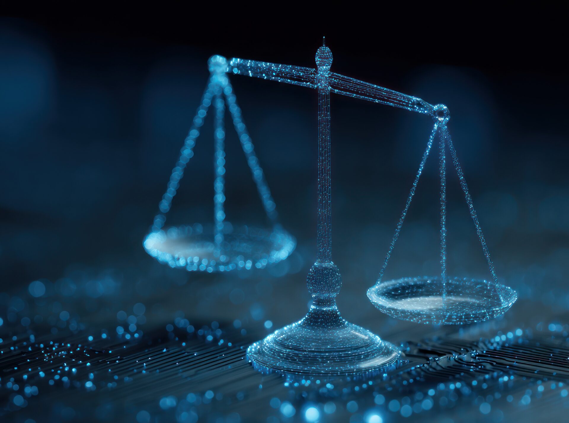 Scales of justice symbol in a dark blue digital futuristic environment.